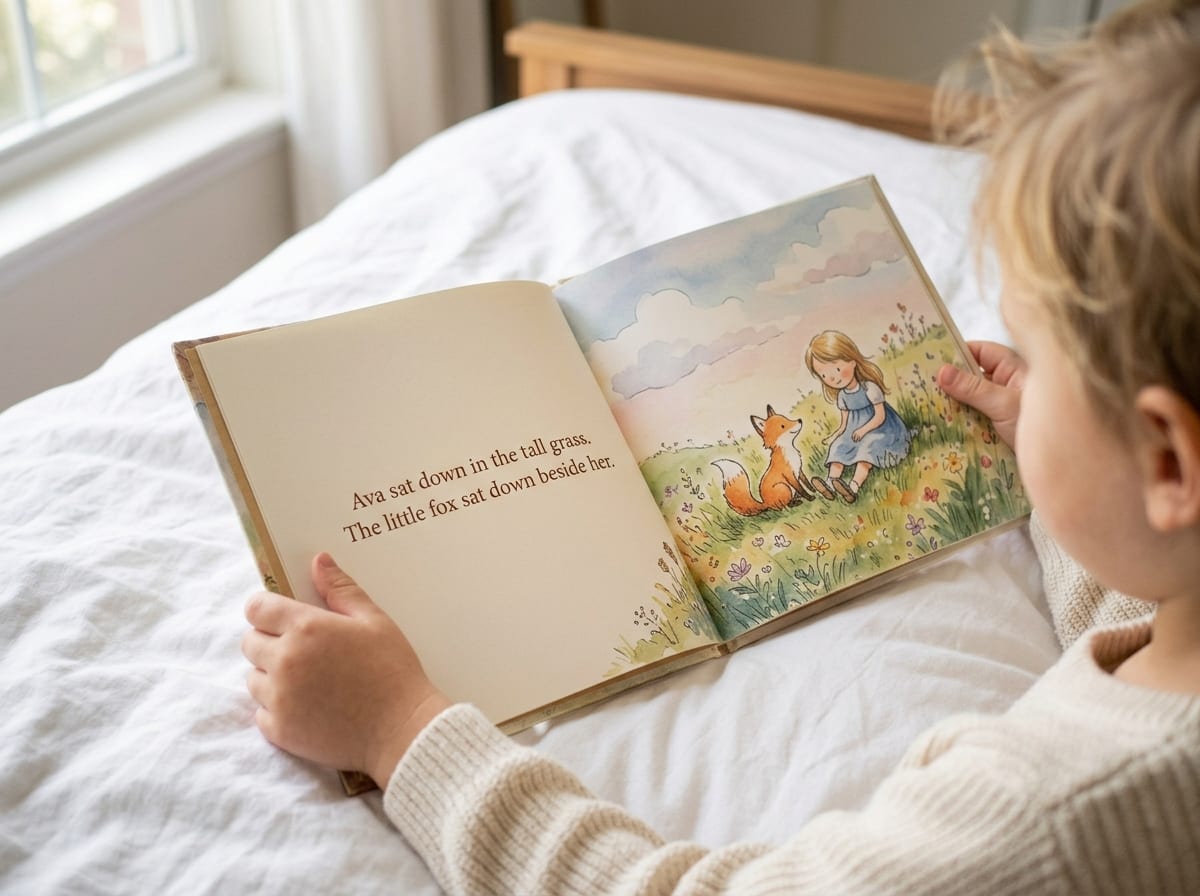 A child's hands holding the open storybook on a bed