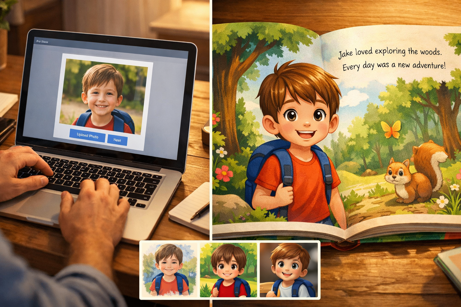 Split-screen showing a parent uploading a child photo on a laptop and the resulting illustrated child character on a book page, with multiple art-style swatches underneath