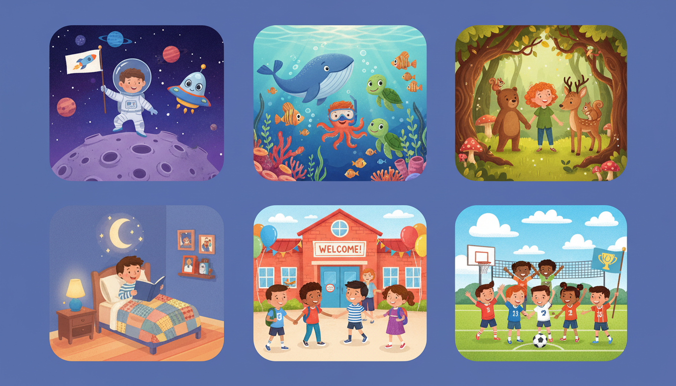 Six illustrated thumbnails representing kids story themes such as space, ocean, enchanted forest, bedtime, school bravery, and sports teamwork
