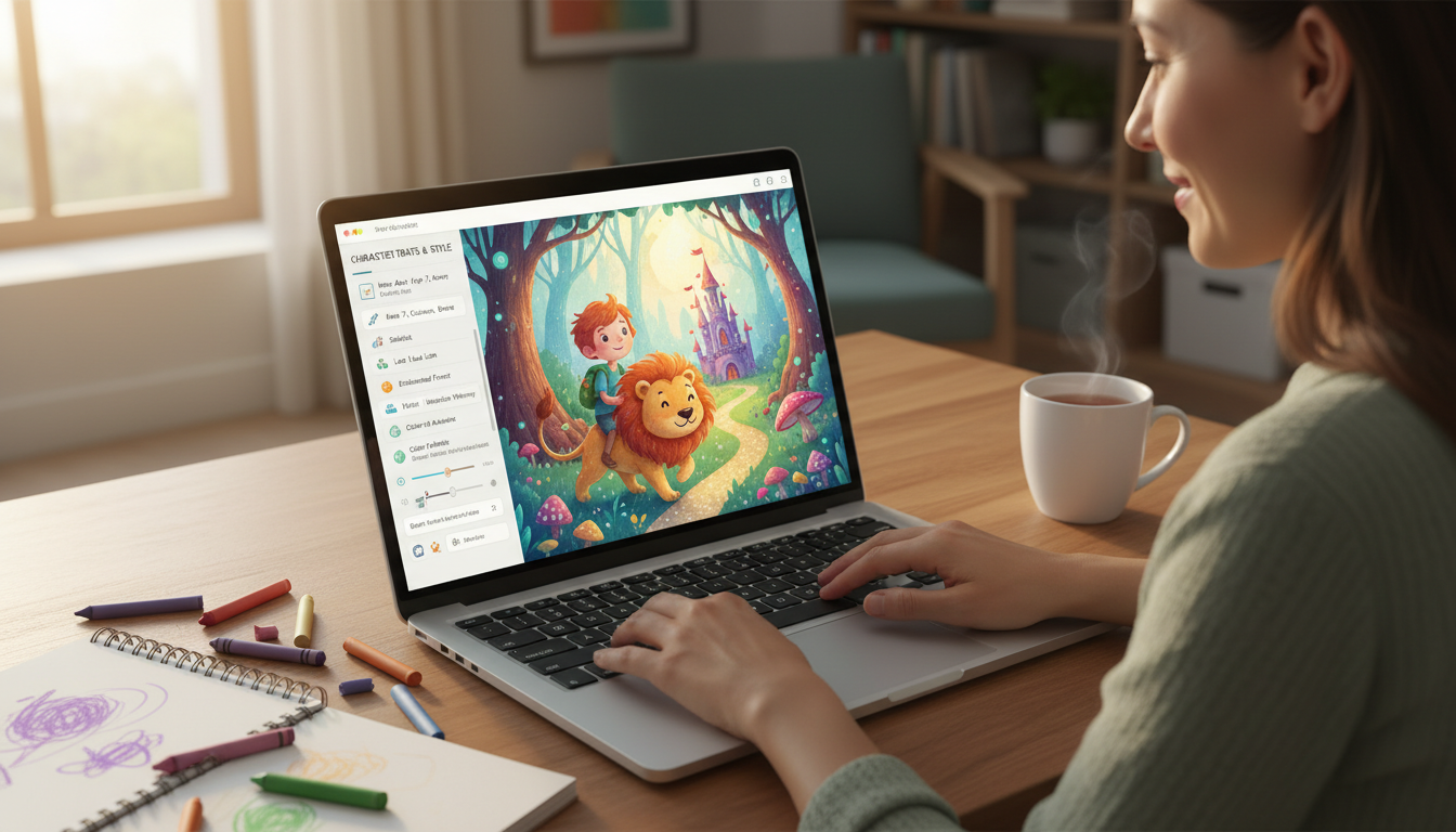 Parent using a laptop to customize a child character and illustration style while previewing an illustrated storybook page
