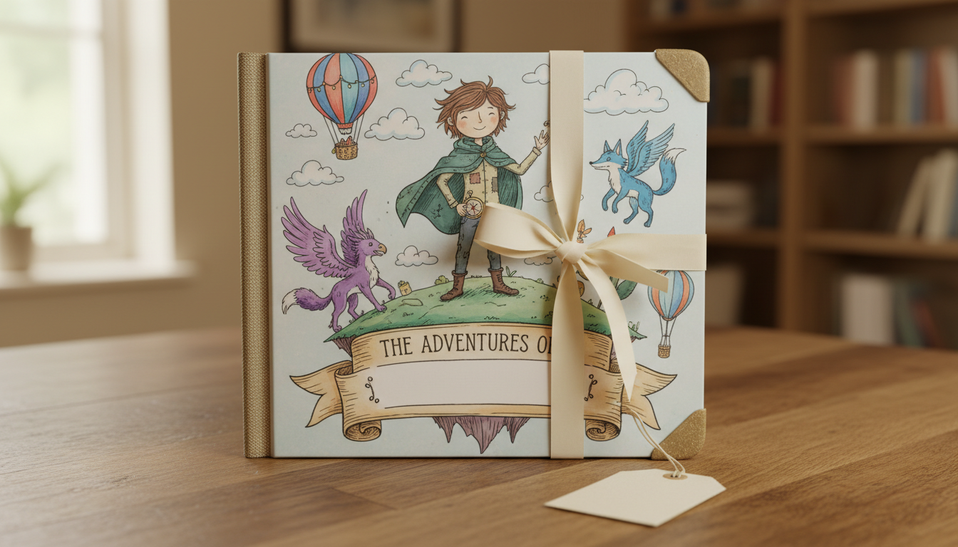 A premium personalized children’s hardback book wrapped as a gift on a wooden table