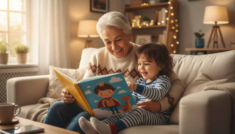 Grandparent and child reading a personalized storybook together on a cozy sofa