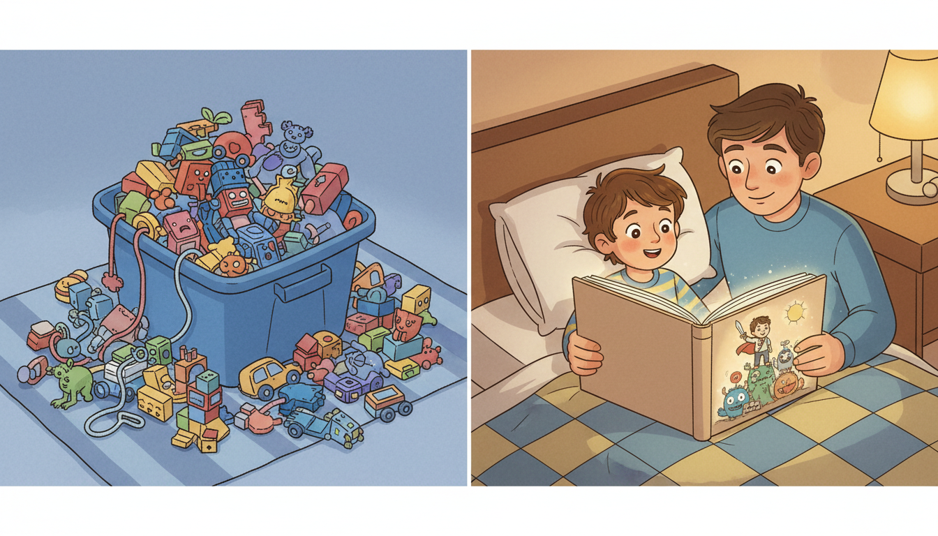 Split scene showing generic toy clutter versus a cozy bedtime reading moment with a personalized storybook
