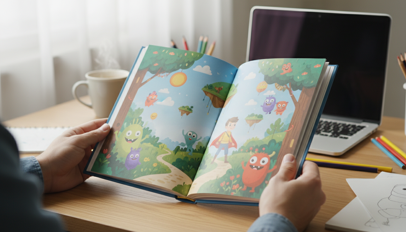 Hands holding an open hardback children's book with vibrant illustrations and a laptop blurred in the background