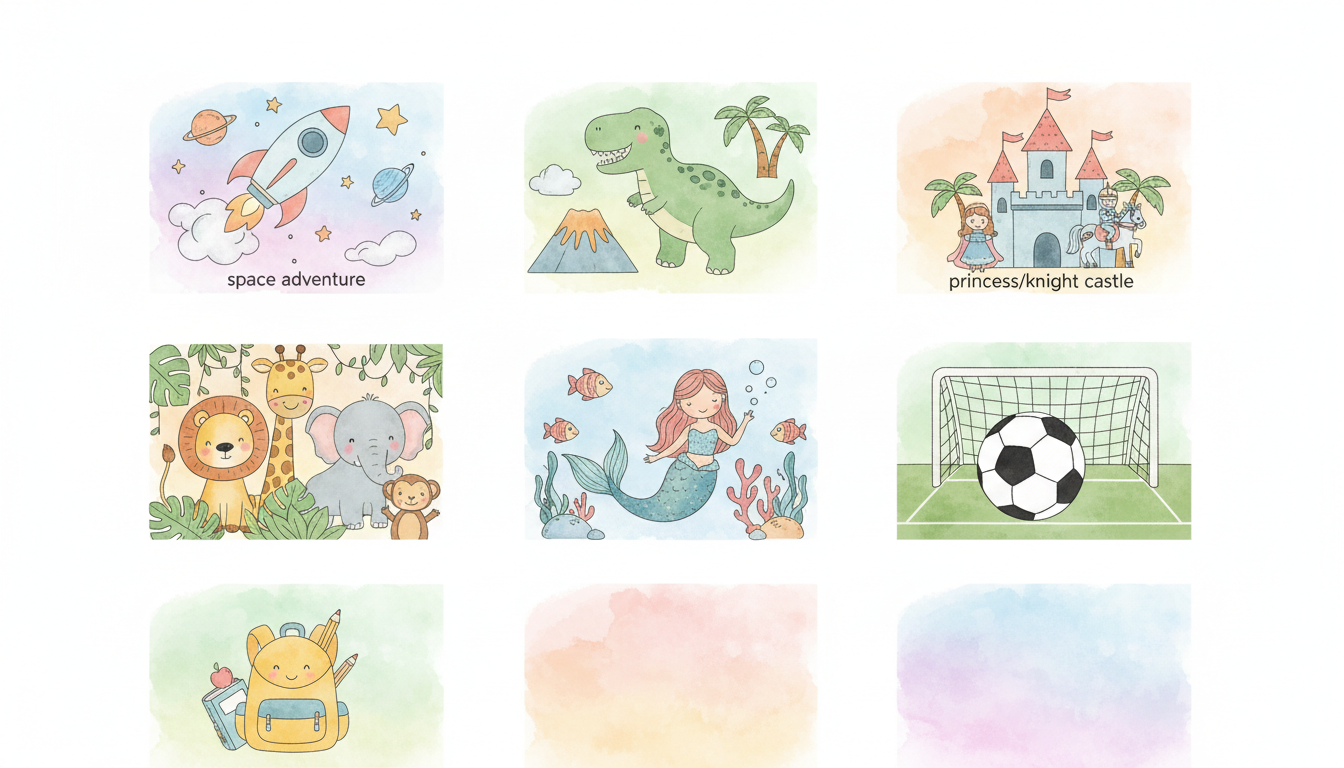 Whimsical icons representing popular story themes like space, dinosaurs, castles, jungle, underwater, sports, and school