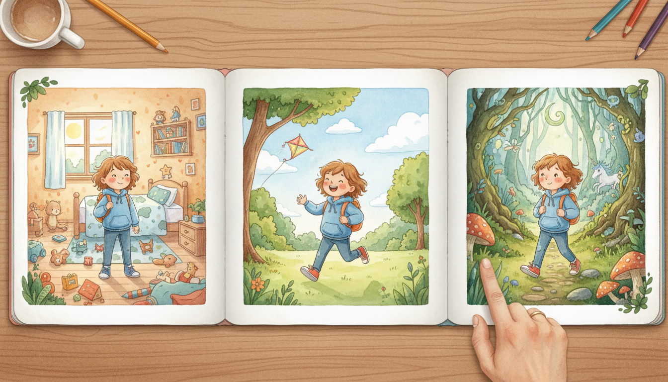 Three illustrated book pages showing the same child character consistently across different settings
