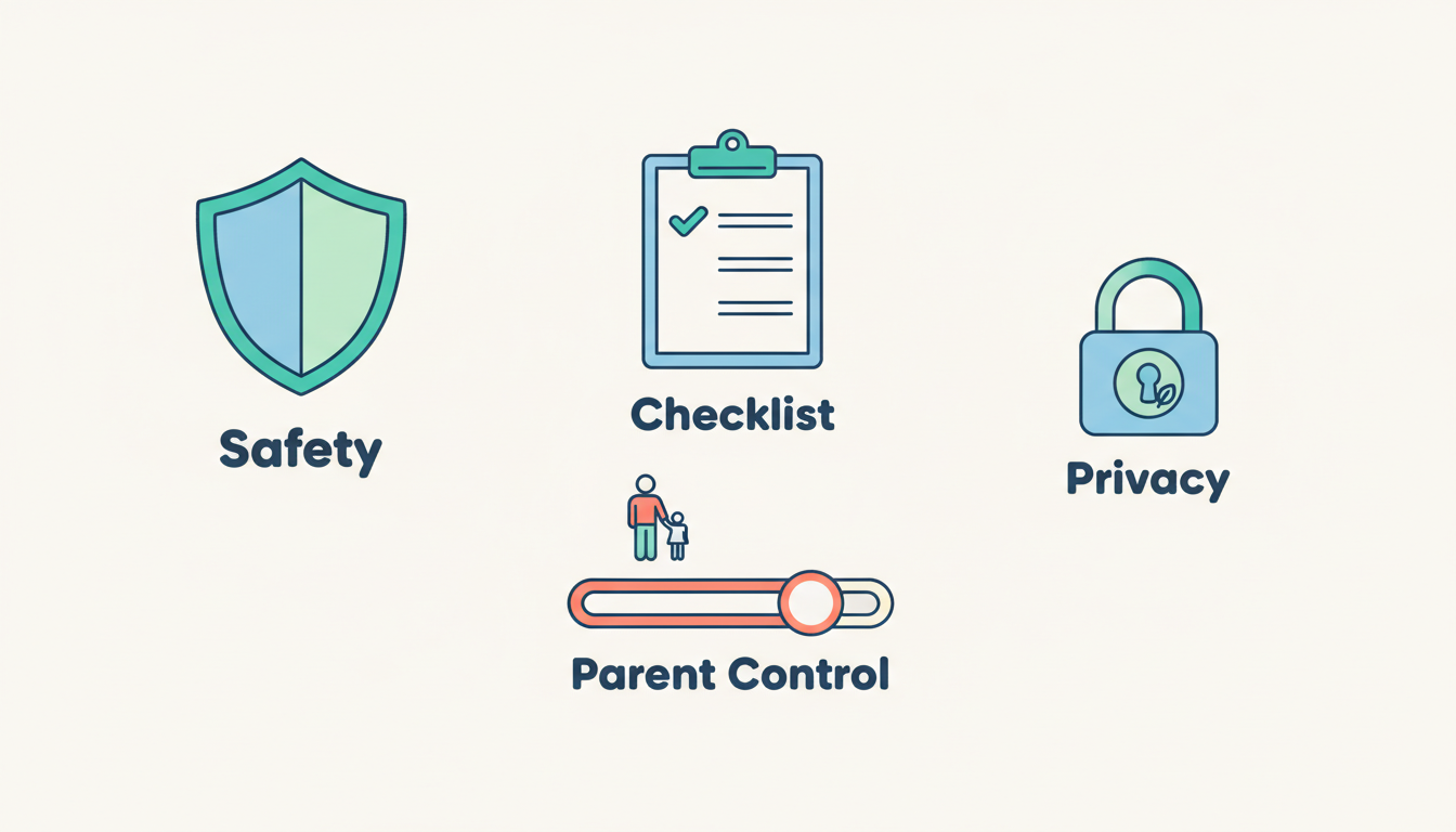 Illustrated safety checklist with shield, parental controls, and privacy lock icons