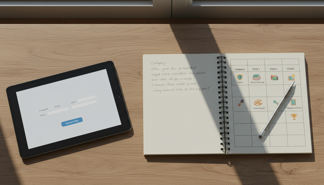 Parent comparison scorecard on a desk next to a tablet showing a story generator interface