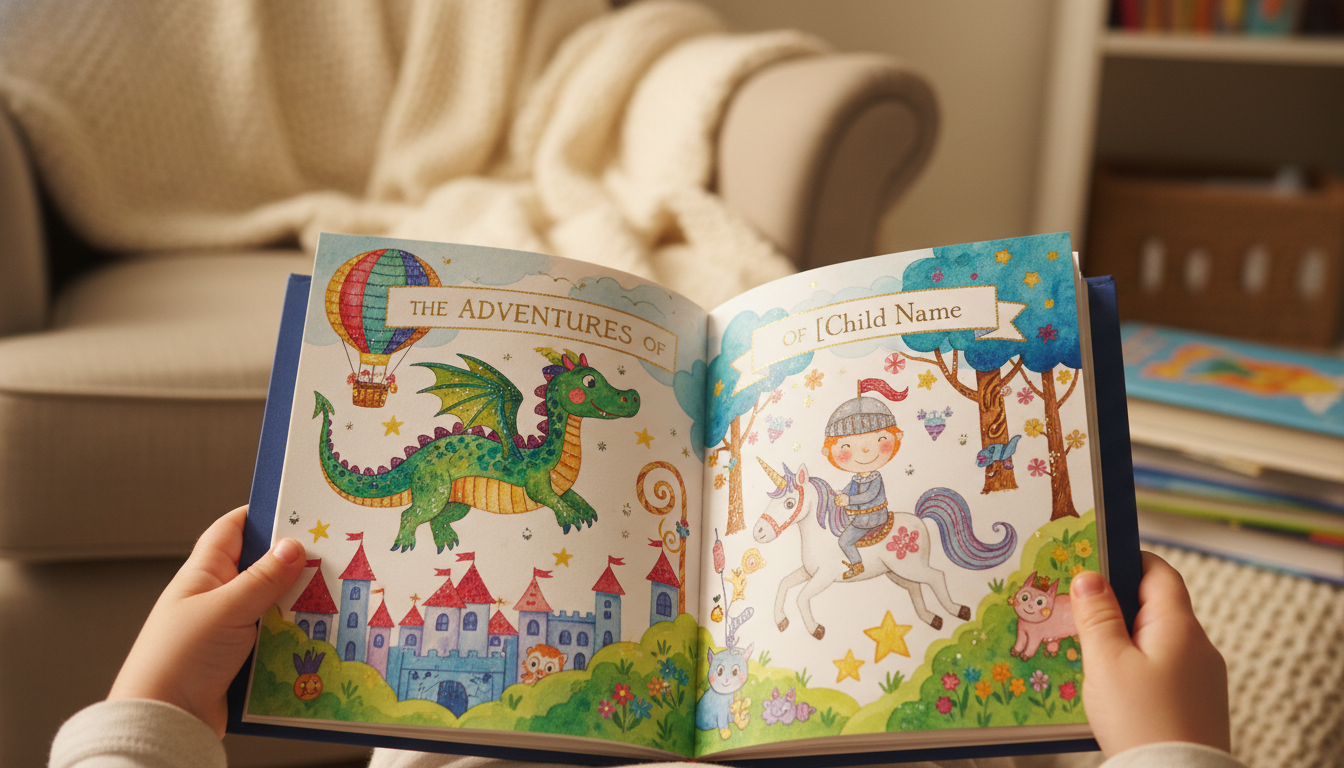 A child's hands holding open a beautifully illustrated personalized hardcover children's book showing vivid colorful illustrations, in a cozy reading nook