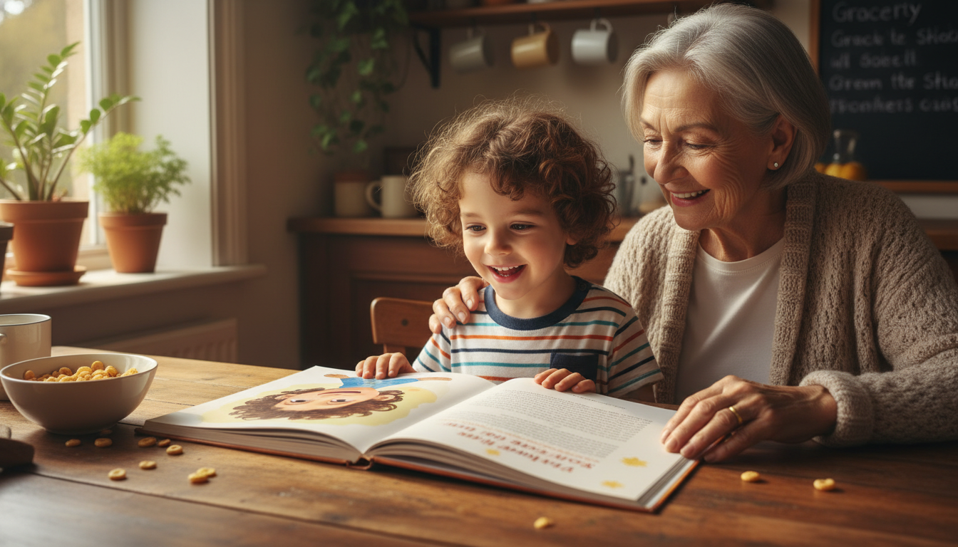 A joyful young child looking at an open hardcover book showing an illustrated character that resembles them, sitting beside a smiling parent in warm natural light