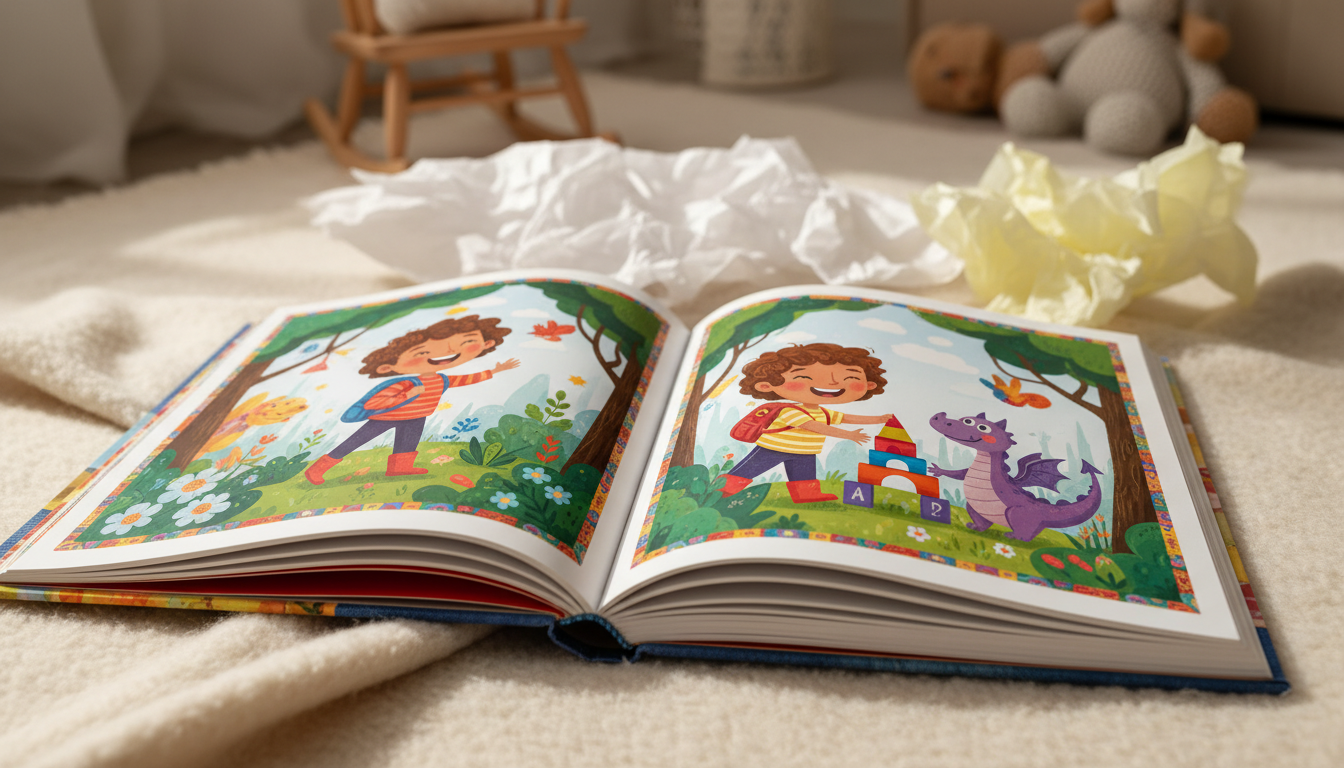 A high-quality hardcover personalized children's book open on a soft cream blanket, showing vibrant illustrated pages with a customized child protagonist and careful craftsmanship