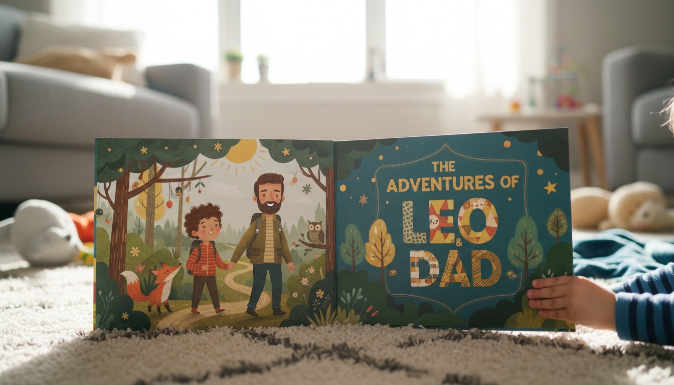Open personalized children's book showing a child and father character going on a forest adventure together, warm illustrated pages, child's hand turning the page