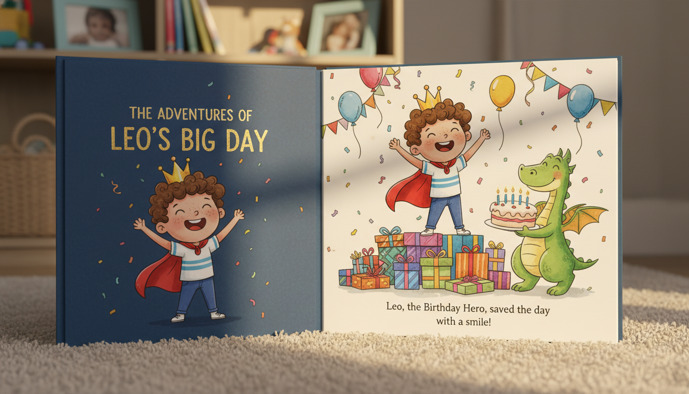 A child's personalized hardcover birthday storybook open to a colorful illustrated page where a cartoon child character is the hero of the story, with birthday decorations visible in the illustration