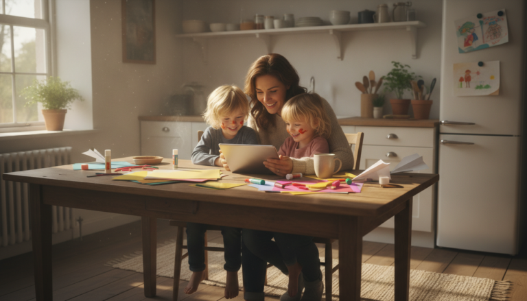 Parent and two young children sitting at a kitchen table, looking at a tablet together and smiling, surrounded by craft supplies — planning a Grandparents Day gift