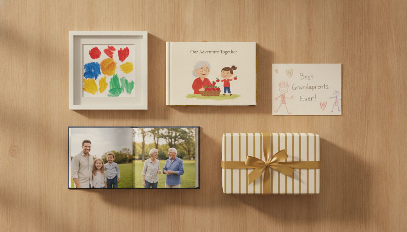 Flat lay of grandparent gift options on a light wood surface: a personalized storybook, framed child's painting, photo book, handwritten card with crayon drawings, and a wrapped gift with ribbon