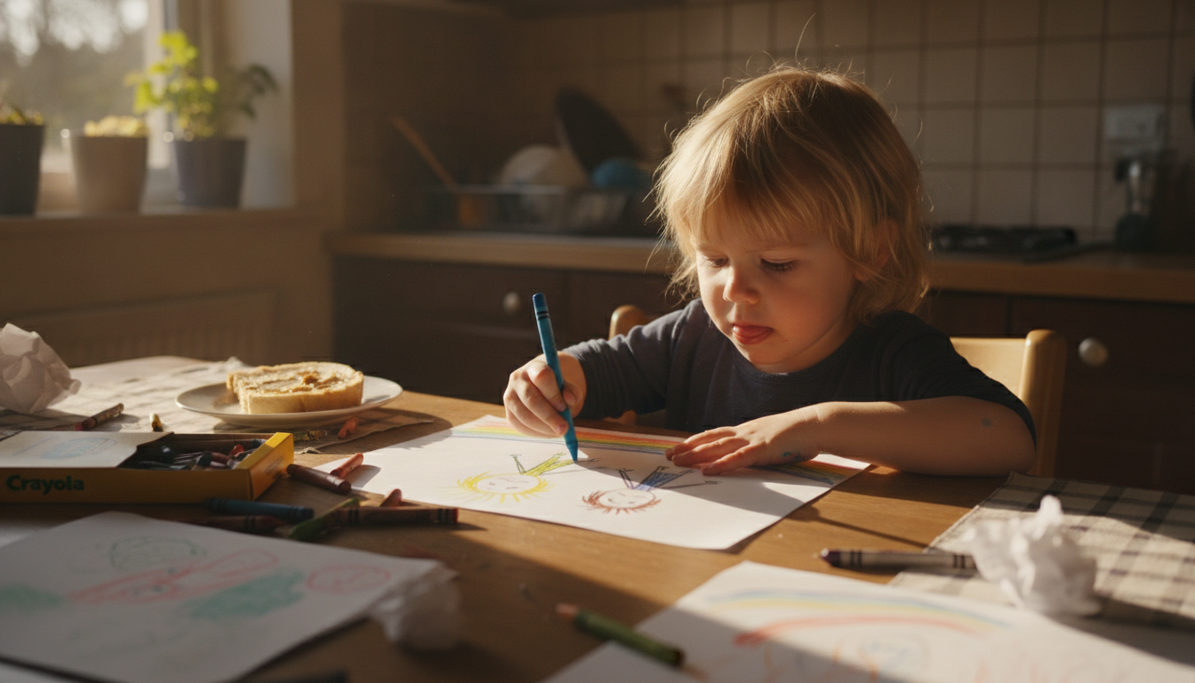 Young child around age 5 concentrating intensely while drawing a colorful picture with crayons at a kitchen table — the drawing shows two stick figures holding hands