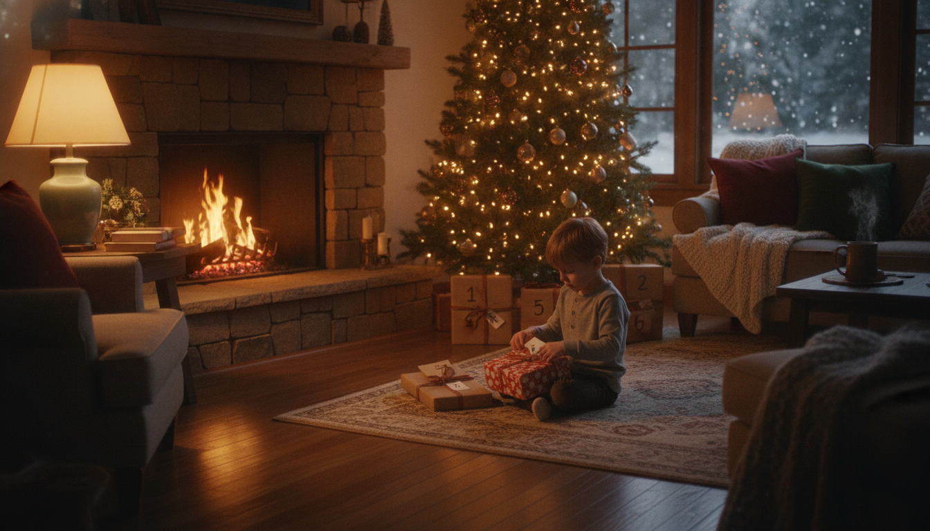 A young child unwrapping a gift-wrapped book numbered 7 in front of a Christmas tree, with a stack of kraft-paper wrapped books on a nearby shelf