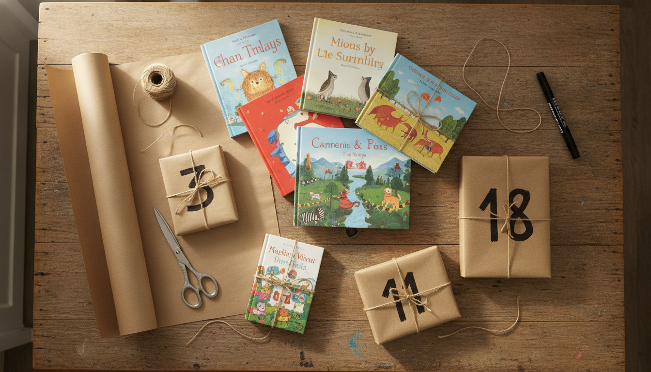 Flat-lay overhead shot of a DIY book advent calendar in progress: children's books, kraft paper, scissors, twine, a black marker, and several already-wrapped parcels with handwritten numbers on a wooden kitchen table