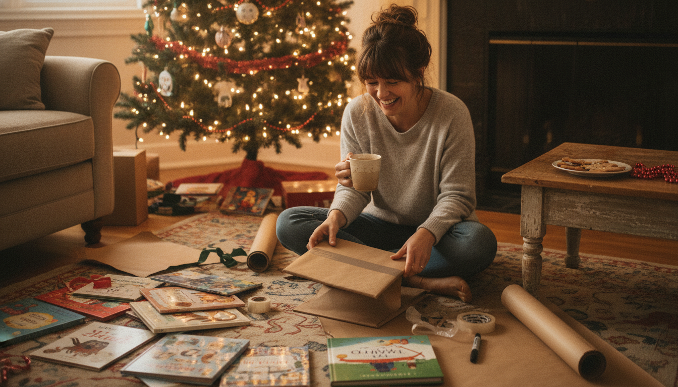 A parent sitting on the floor surrounded by unwrapped children's books, kraft paper, scattered tape and a marker mid-wrap, laughing at the mild disorder, with a mug of tea and a half-decorated Christmas tree in the background
