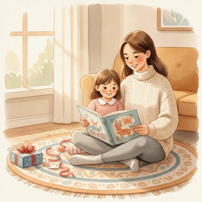 An aunt in a cream sweater sits on a living room rug reading an illustrated picture book with her young niece, a half-opened present and ribbon on the floor beside them