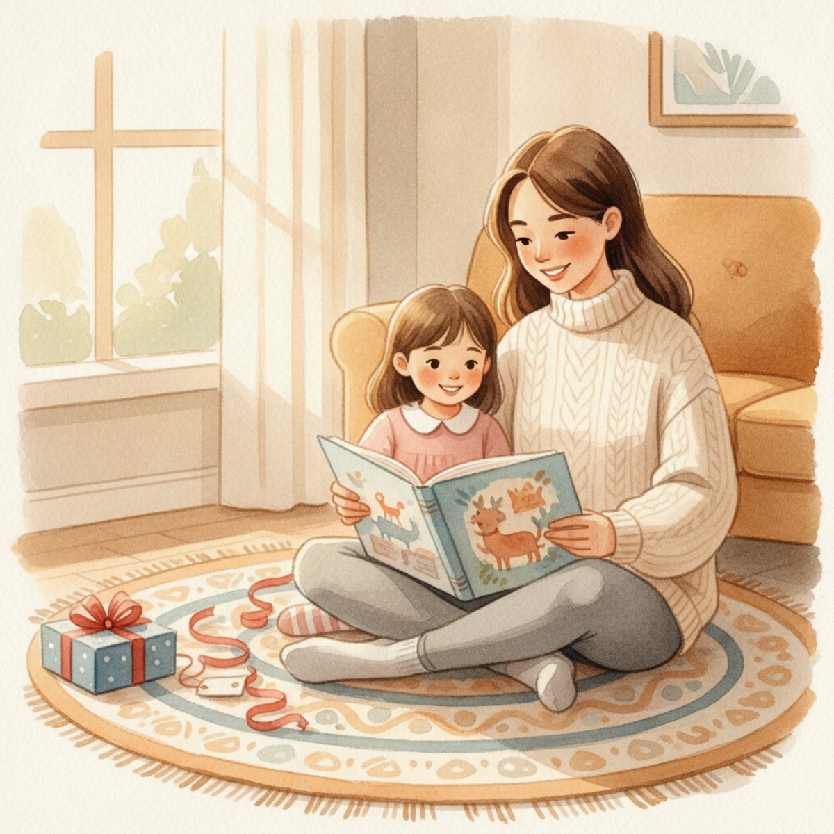 An aunt in a cream sweater sits on a living room rug reading an illustrated picture book with her young niece, a half-opened present and ribbon on the floor beside them