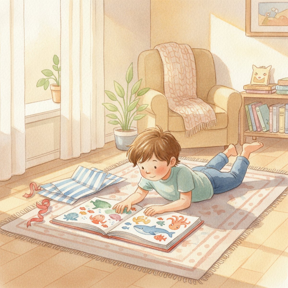 A young child lies on a rug completely absorbed in a large open picture book about sea creatures, with torn wrapping paper pushed aside behind them
