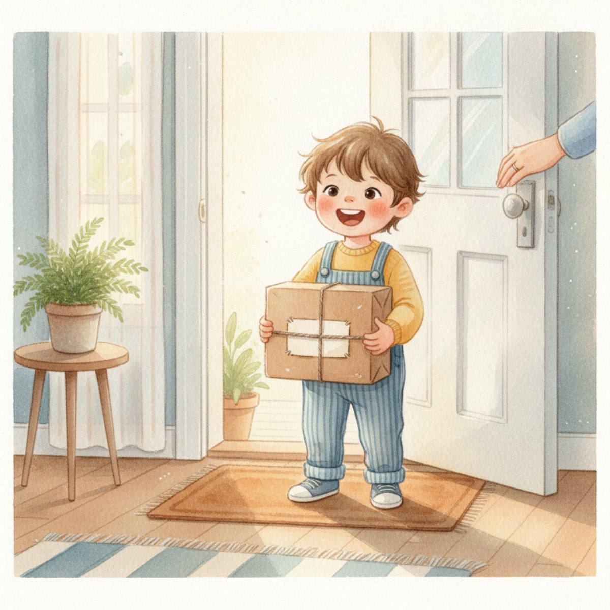 A delighted young child stands at a front door holding a cardboard parcel tied with twine that has just been delivered, with an adult's hand on the doorframe behind