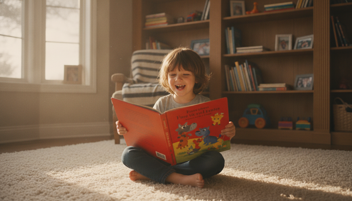 A cheerful 6-year-old child sitting cross-legged on a cozy rug, reading a colorful picture book with a big smile, warm afternoon light coming through a window