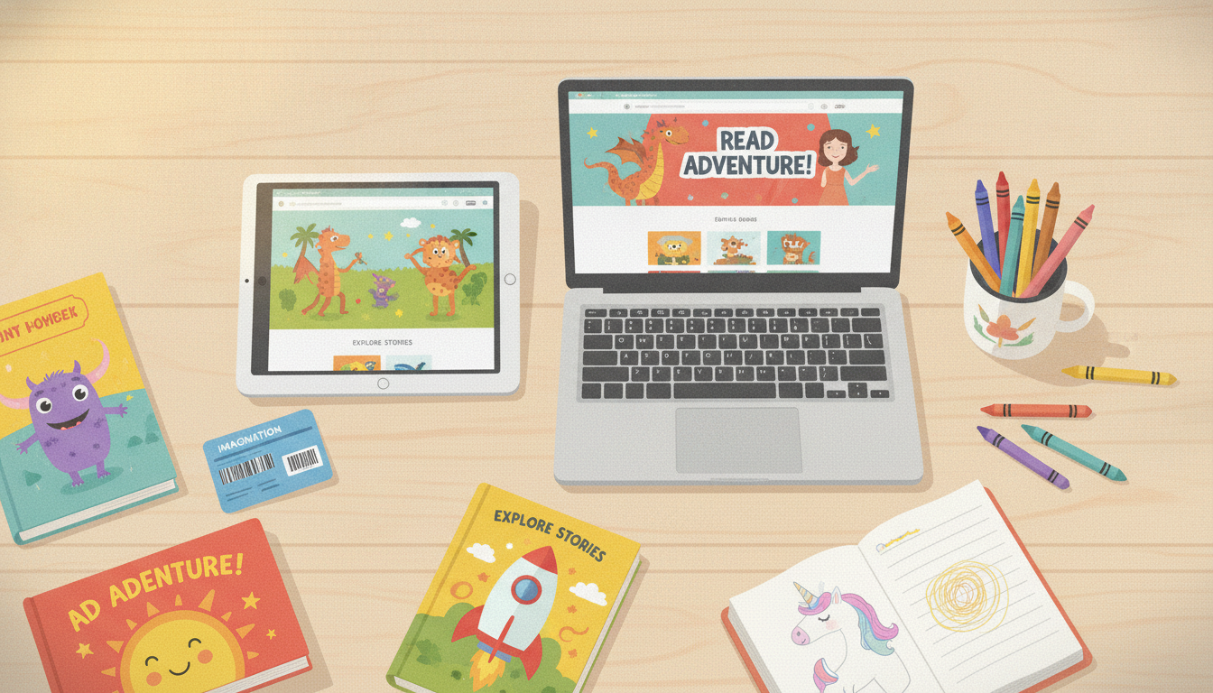 A tablet and laptop open to colorful children's book websites, surrounded by physical picture books, a library card, and crayons on a wooden desk