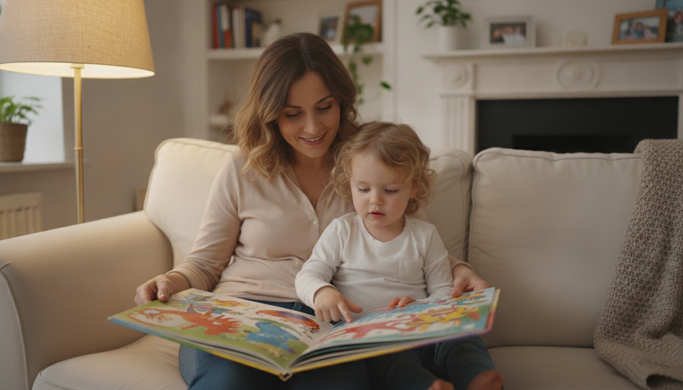 A patient parent sitting beside a young child on a couch, both looking at a colorful book together, the child pointing at the page with curiosity, warm lamp light, cozy living room setting