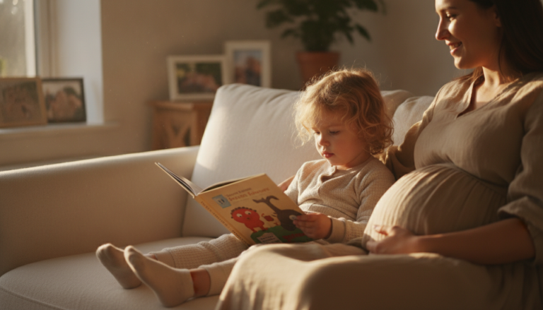 A young toddler girl sits on a cozy couch holding an open picture book, with her mother's baby bump visible beside her in warm golden afternoon light