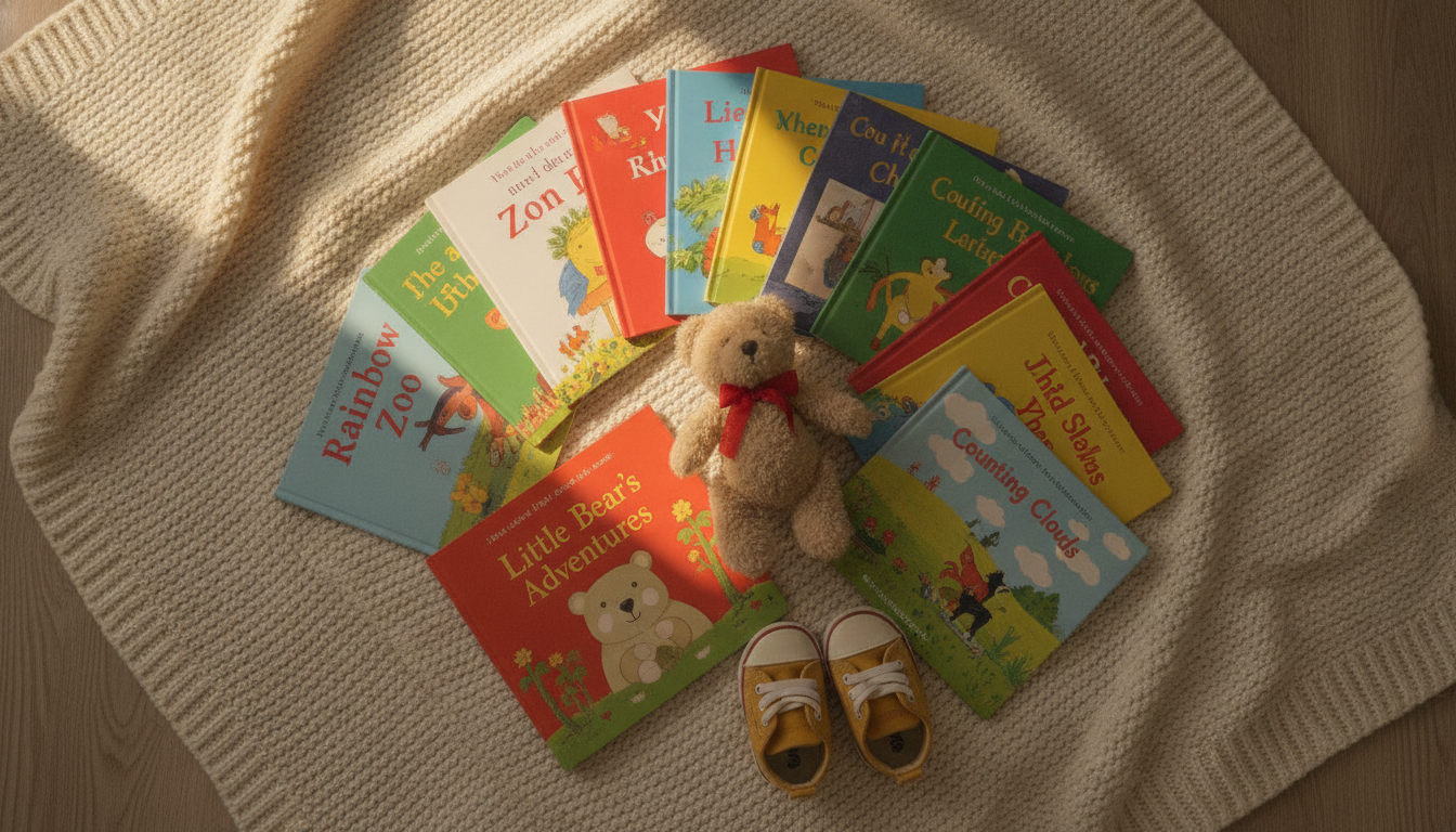 A flat-lay overhead photograph of colorful children's picture books spread on a cream blanket alongside a stuffed bear and tiny toddler shoes