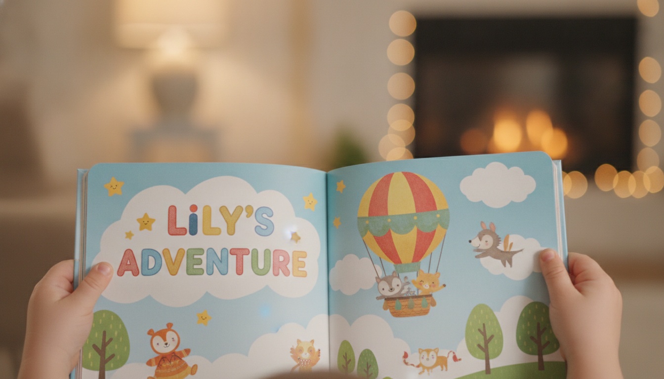 A close-up of a child's hands holding open a beautifully illustrated personalized children's book with the child's name in large friendly lettering on the page
