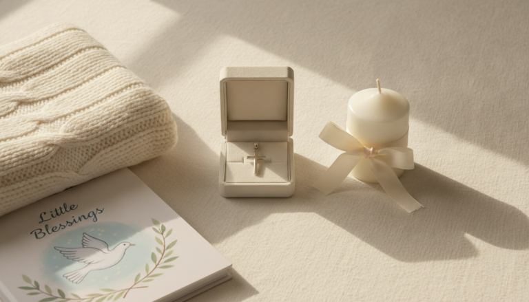 A softly lit baptism gift arrangement featuring a silver cross pendant, cream knit baby blanket, illustrated children's book, and white candle on white linen