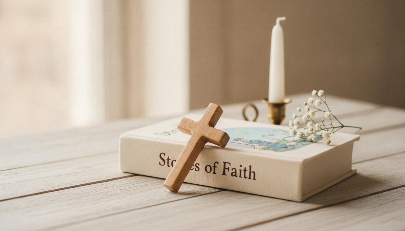 A small wooden cross leaning against an illustrated children's Bible on a pale wooden surface, with a white taper candle and white flowers beside them