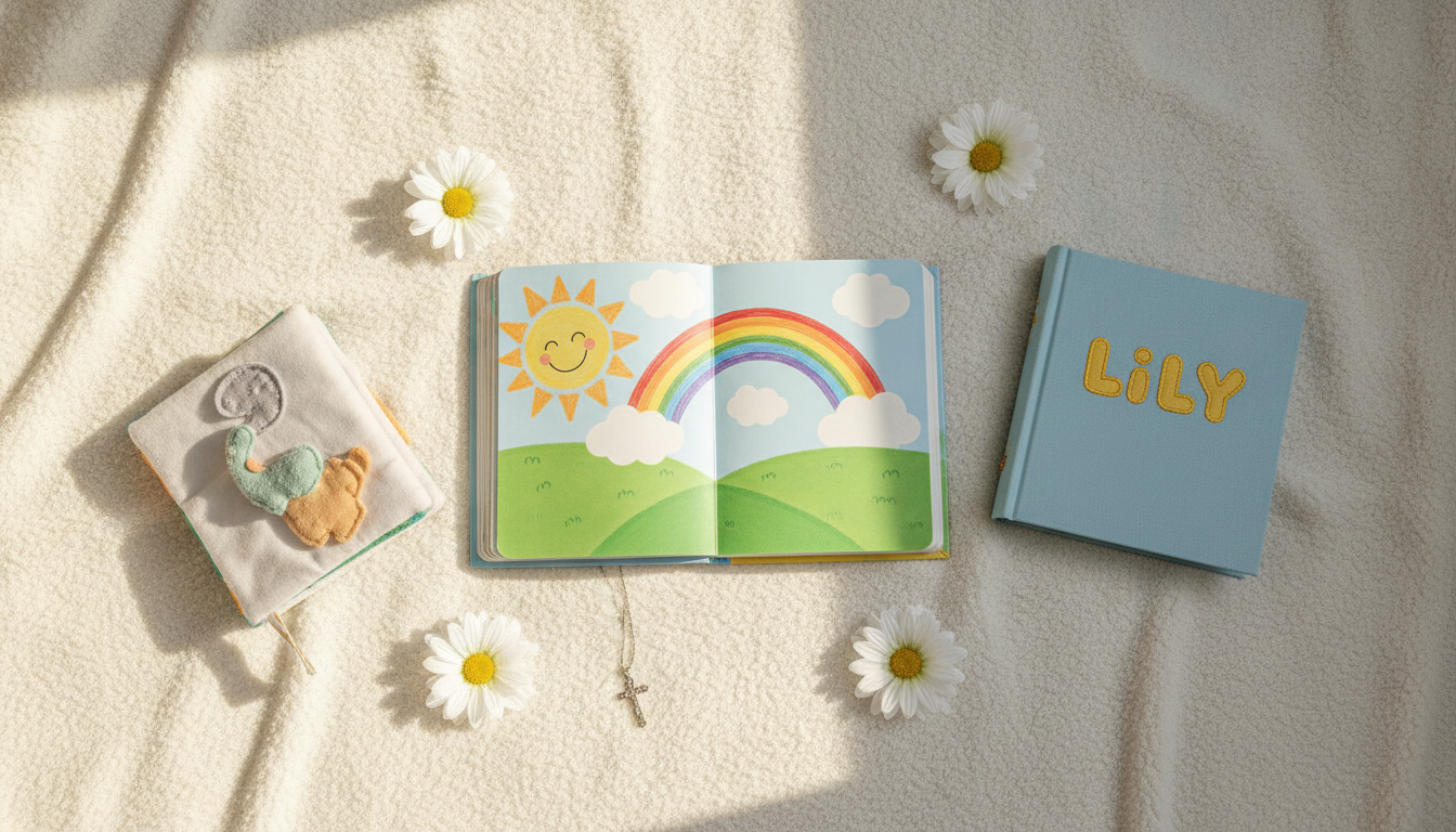 A collection of children's books on a soft white blanket, including an open illustrated picture book, a cloth baby book, and a hardcover personalized storybook, surrounded by white flowers and a tiny silver cross