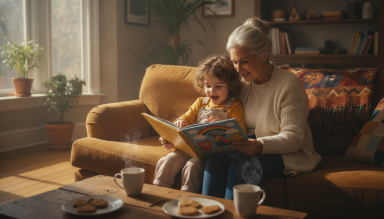 A grandparent and young child sitting together on a cozy couch, reading a colorful picture book in warm afternoon light