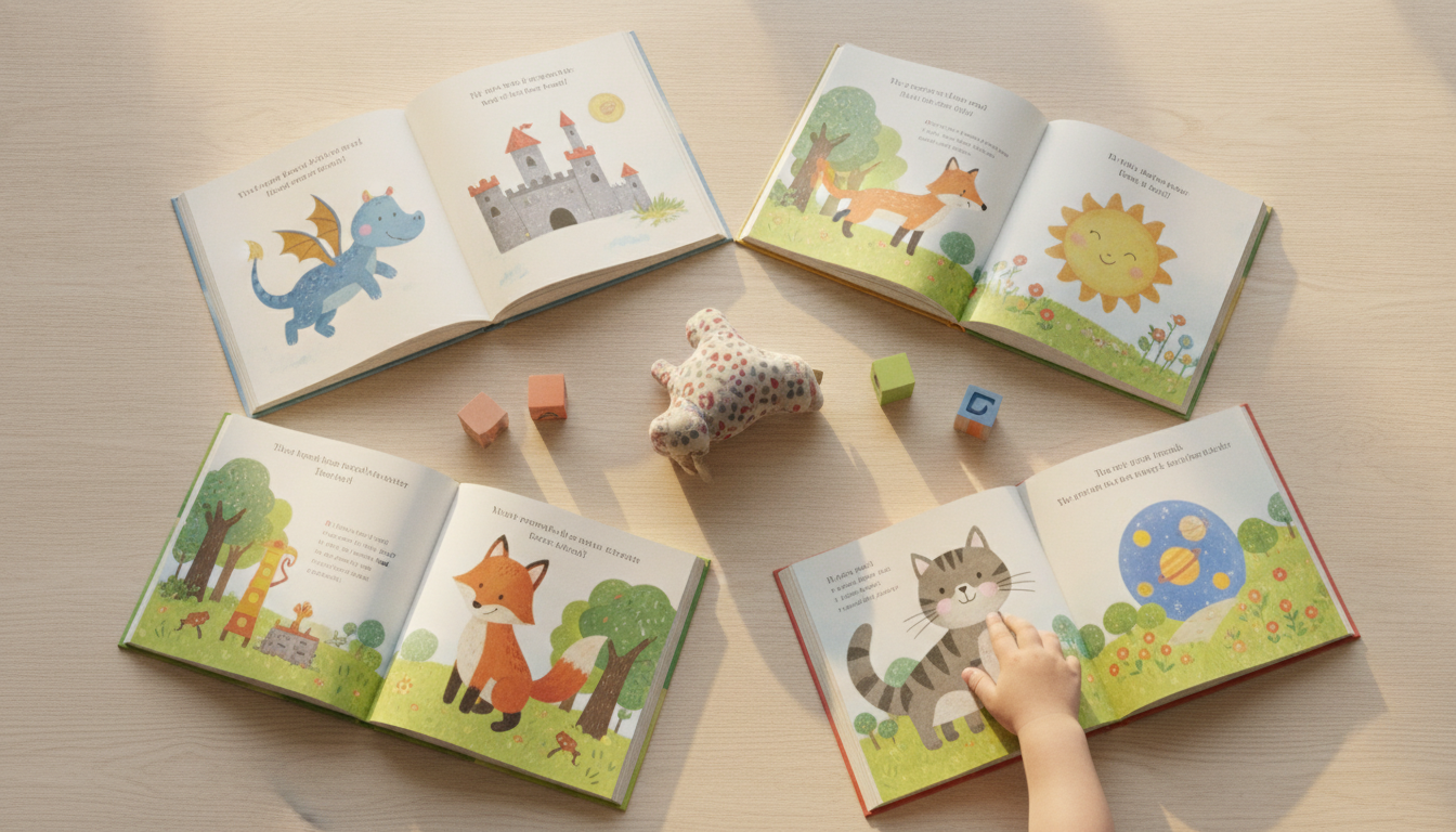 Colorful children's picture books spread open on a light wooden table, seen from above, with a child's small hand reaching in to touch one
