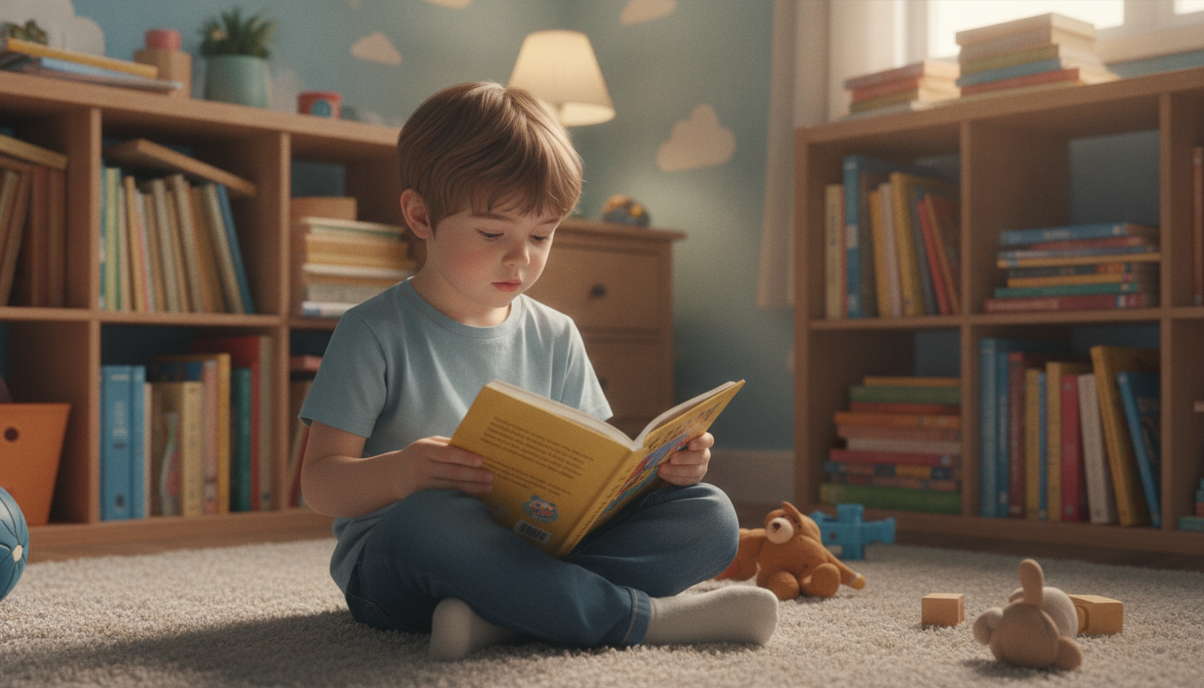 A young child around age 4 or 5 sitting cross-legged on a bedroom floor, holding a small chapter book open in their lap, with bookshelves visible in the background