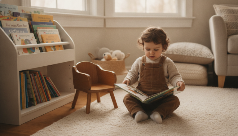 A cozy reading nook with a small wooden potty chair beside a low bookshelf, and a toddler sitting on a soft rug holding an open picture book