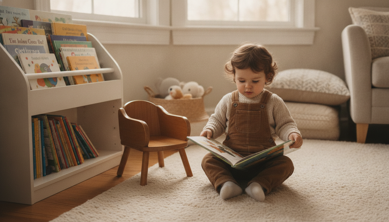 A cozy reading nook with a small wooden potty chair beside a low bookshelf, and a toddler sitting on a soft rug holding an open picture book