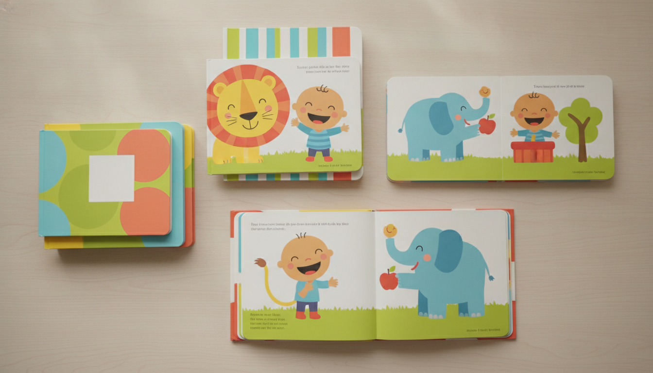 A flat lay of colorful children's board books arranged on a light wood surface, some open to show bright illustrated pages with simple cartoon characters