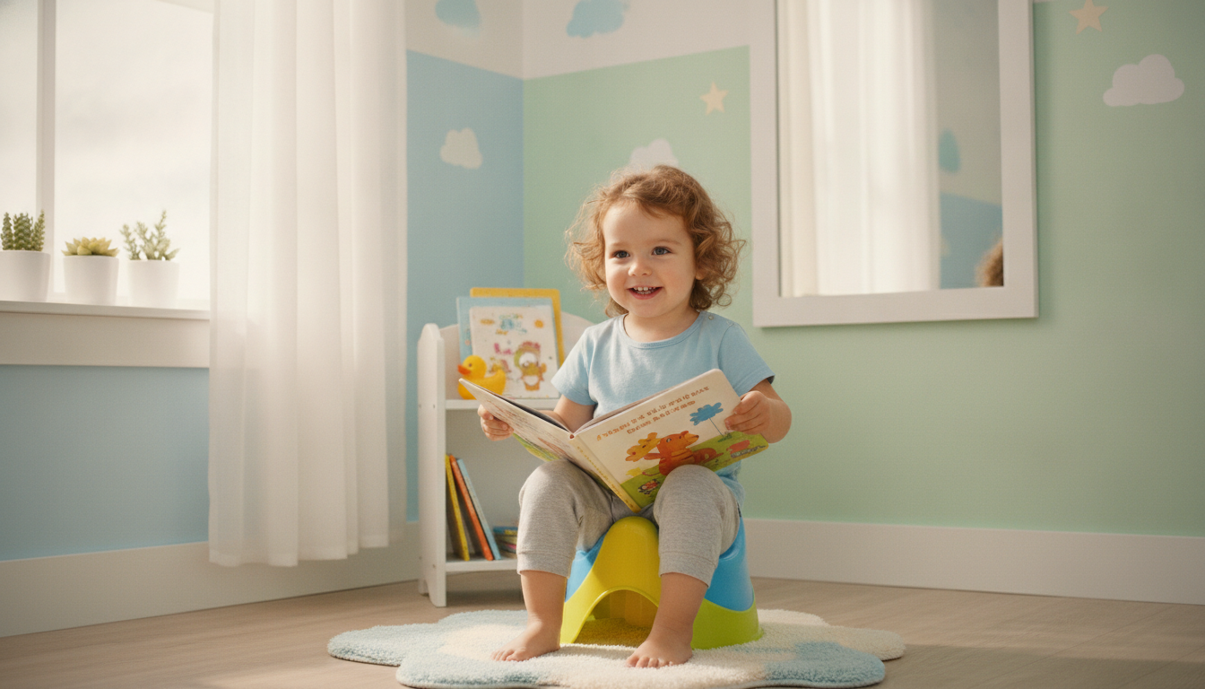 A smiling toddler sitting on a small colorful potty chair in a bright cheerful bathroom, holding an open children's picture book and looking relaxed and engaged