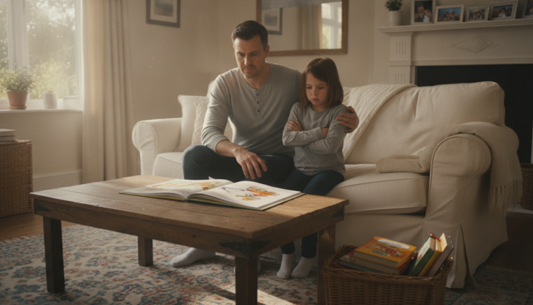 A parent sitting beside a child on a couch, with an open book on the coffee table and stacks of colorful children's books nearby