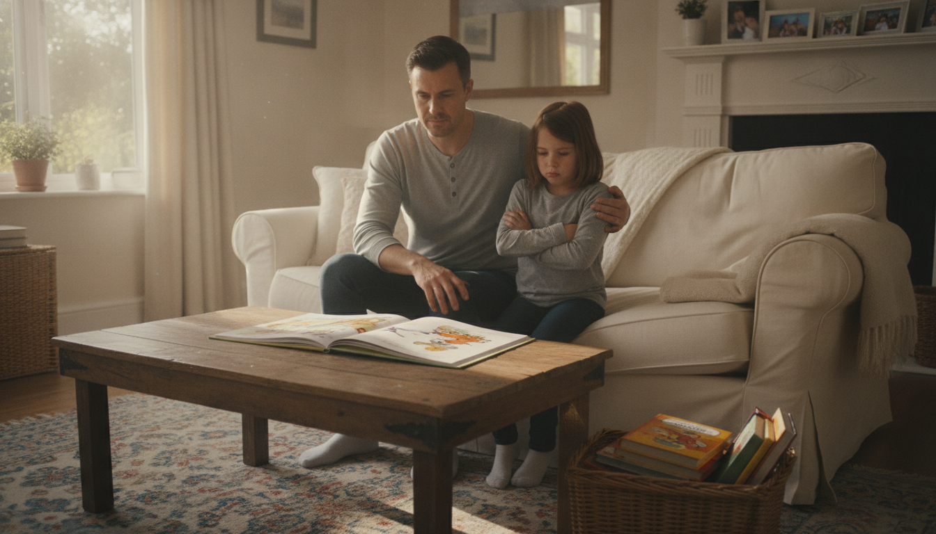 A parent sitting beside a child on a couch, with an open book on the coffee table and stacks of colorful children's books nearby