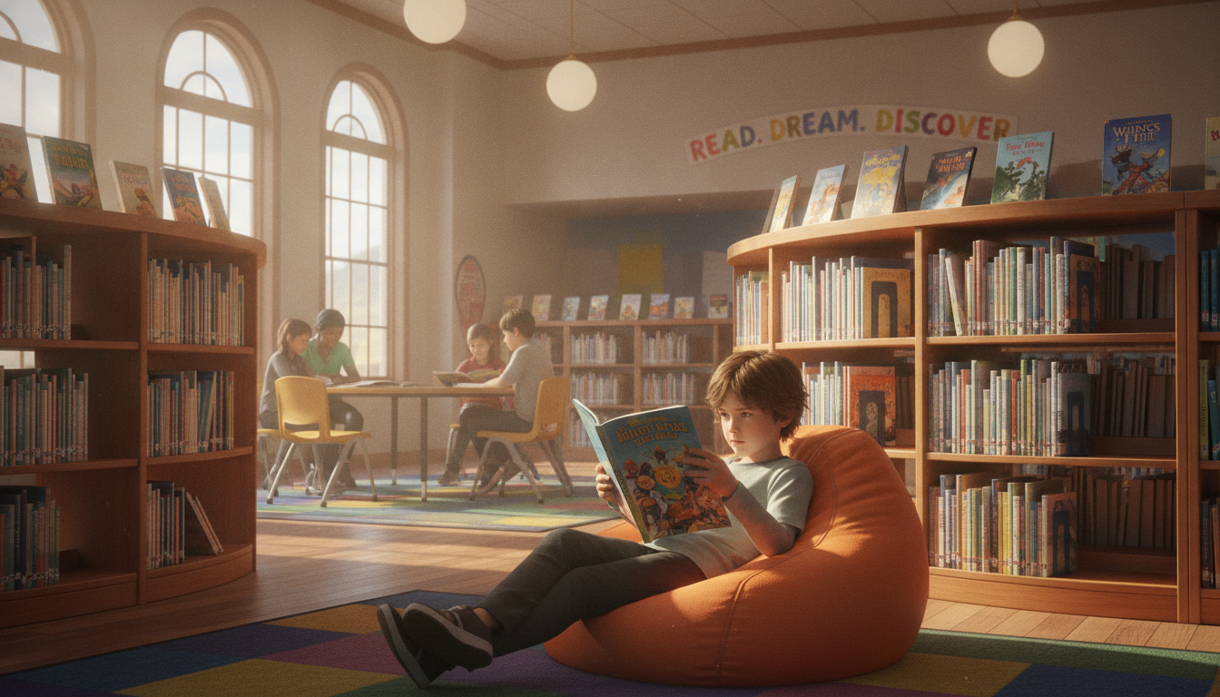 A child lying on a beanbag chair in a colorful school library, completely absorbed in a graphic novel, surrounded by shelves of book series