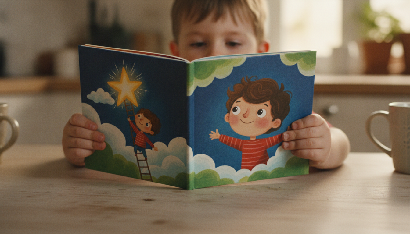 A child's hands holding open a colorful illustrated storybook at a wooden kitchen table, looking curious and engaged