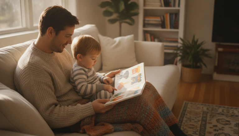 A parent and young child sitting together on a couch reading a simple illustrated booklet in a cozy home setting