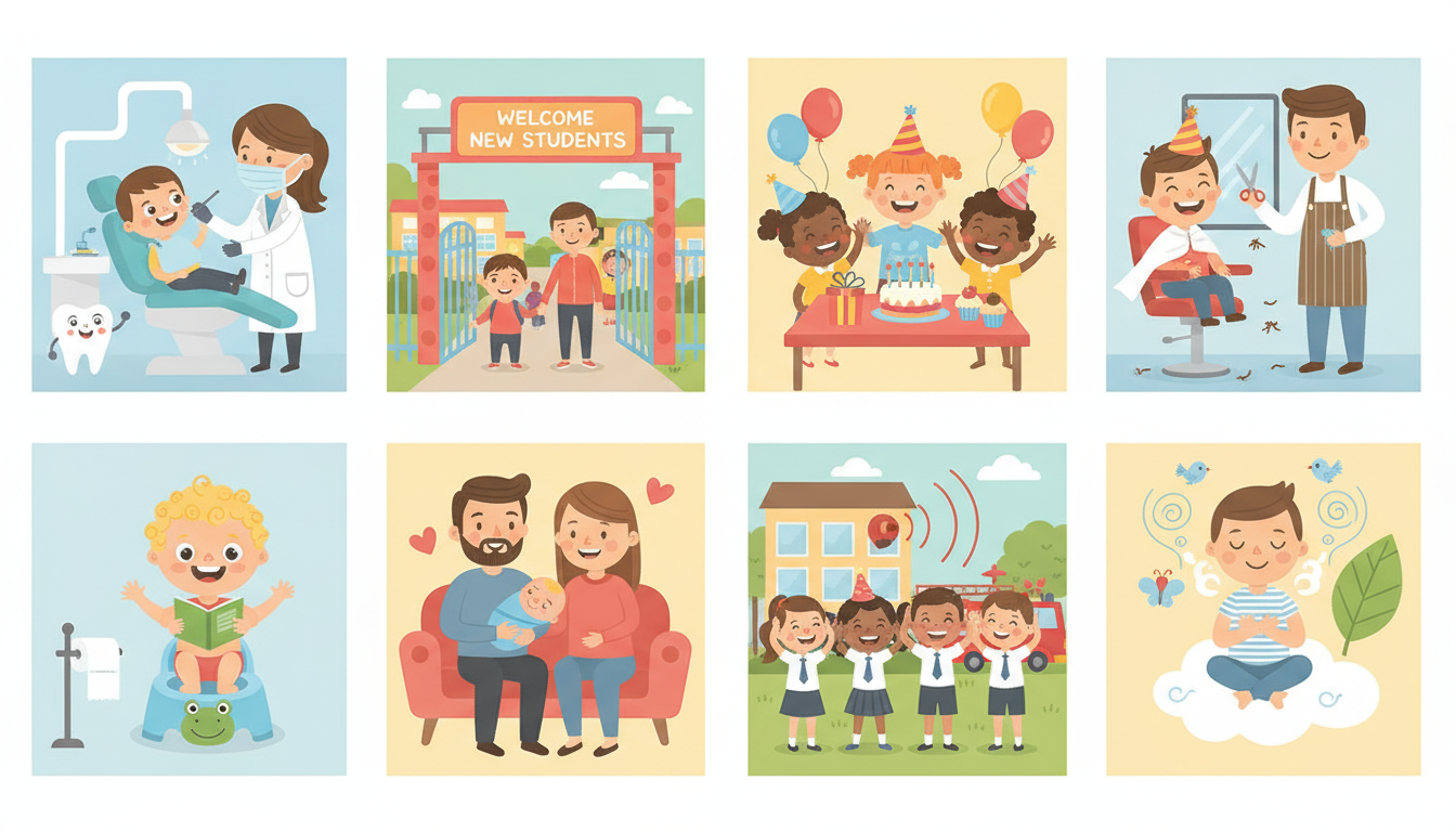 A grid of eight illustrated vignette scenes showing children in common situations: at the dentist, starting school, with a new baby, using the potty, getting a haircut, at a birthday party, during a fire drill, and practicing calm breathing