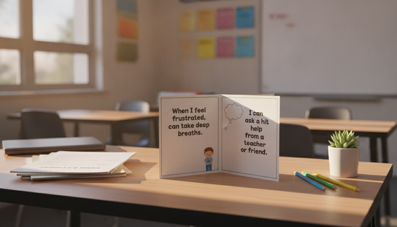 A tidy teacher's desk with a printed illustrated social story booklet open, colorful pencils, and a small plant in warm afternoon classroom light